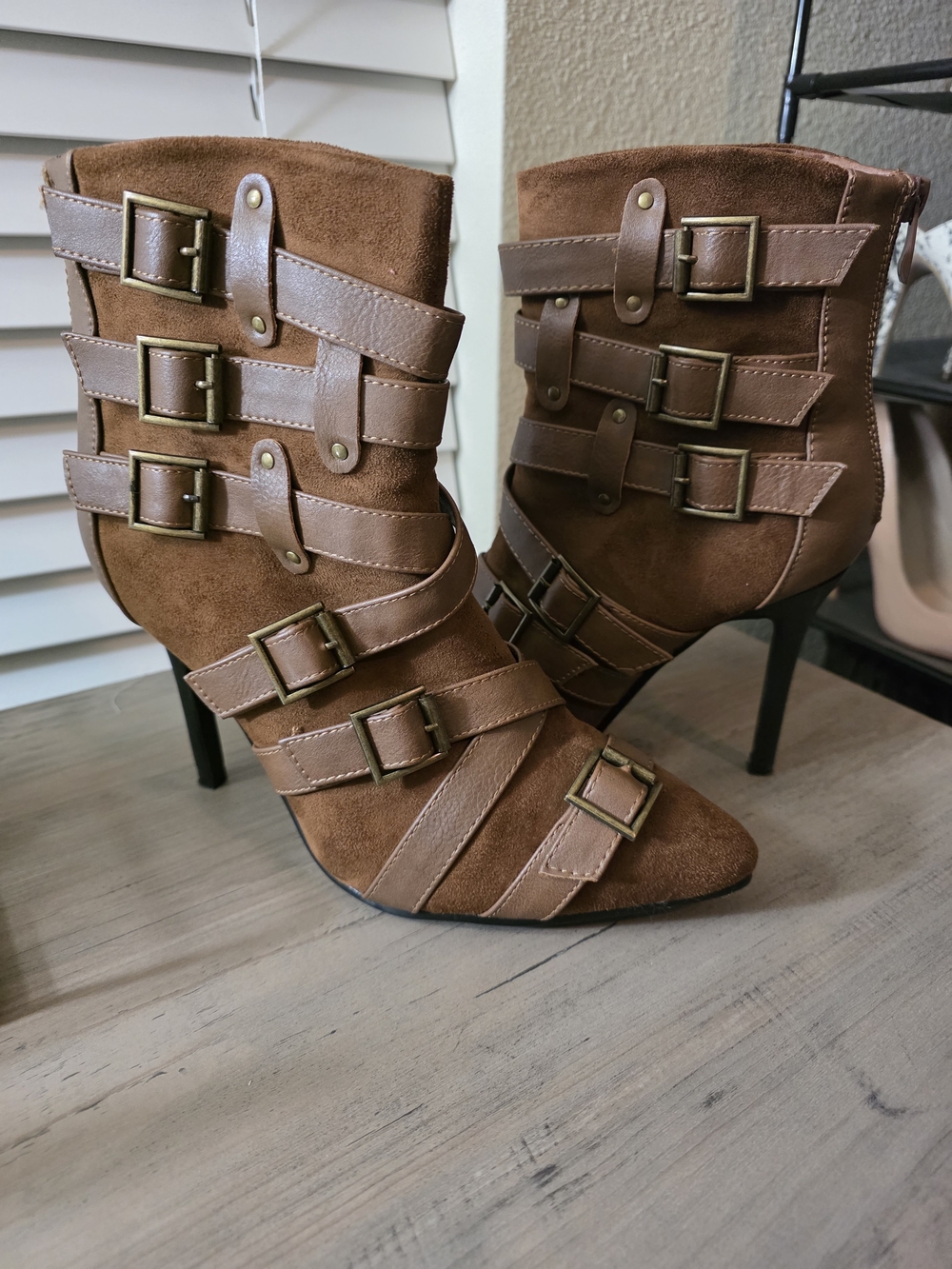 Women's Brown Buckle Strap Suede Ankle Boots